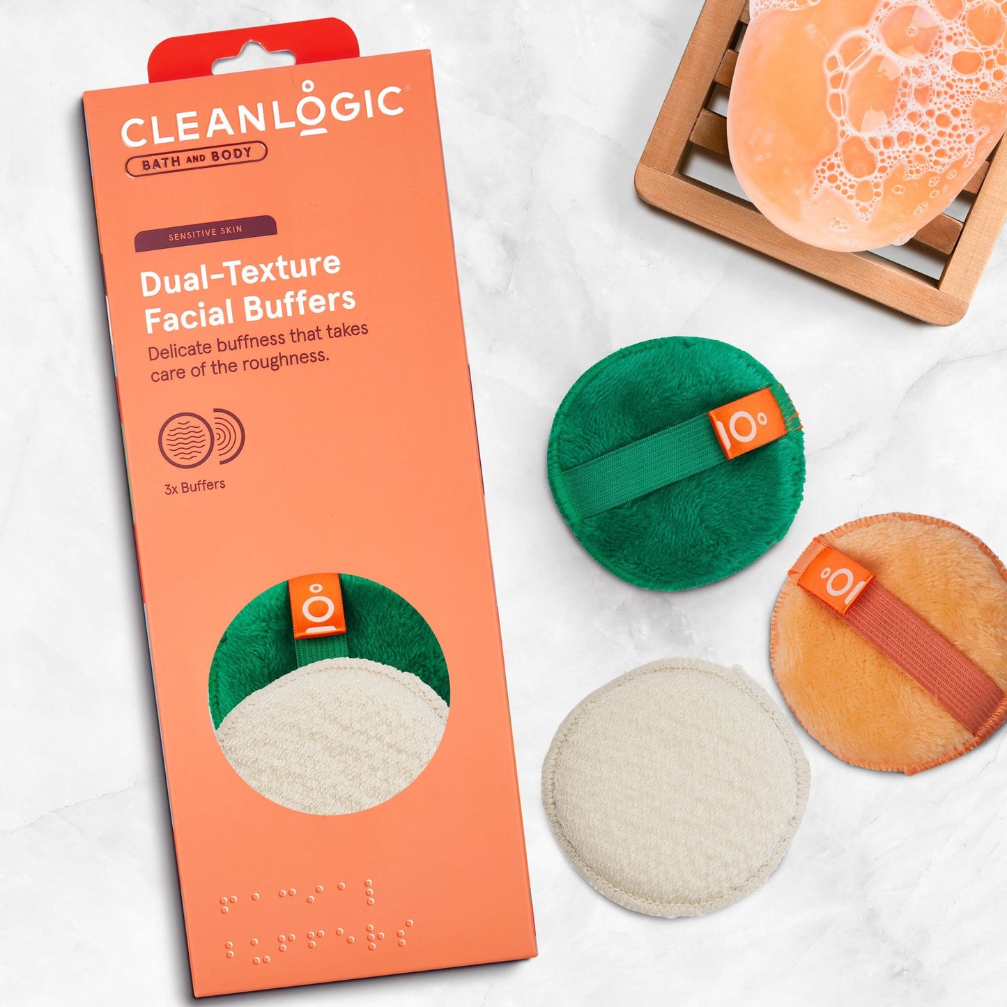 Sensitive Skin Facial Buffer by CleanLogic - 3 buffers included in orange package.