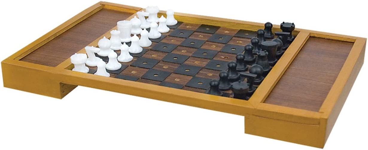 Tactile Chess Set with black and white chess pieces on the wooden playing bord.
