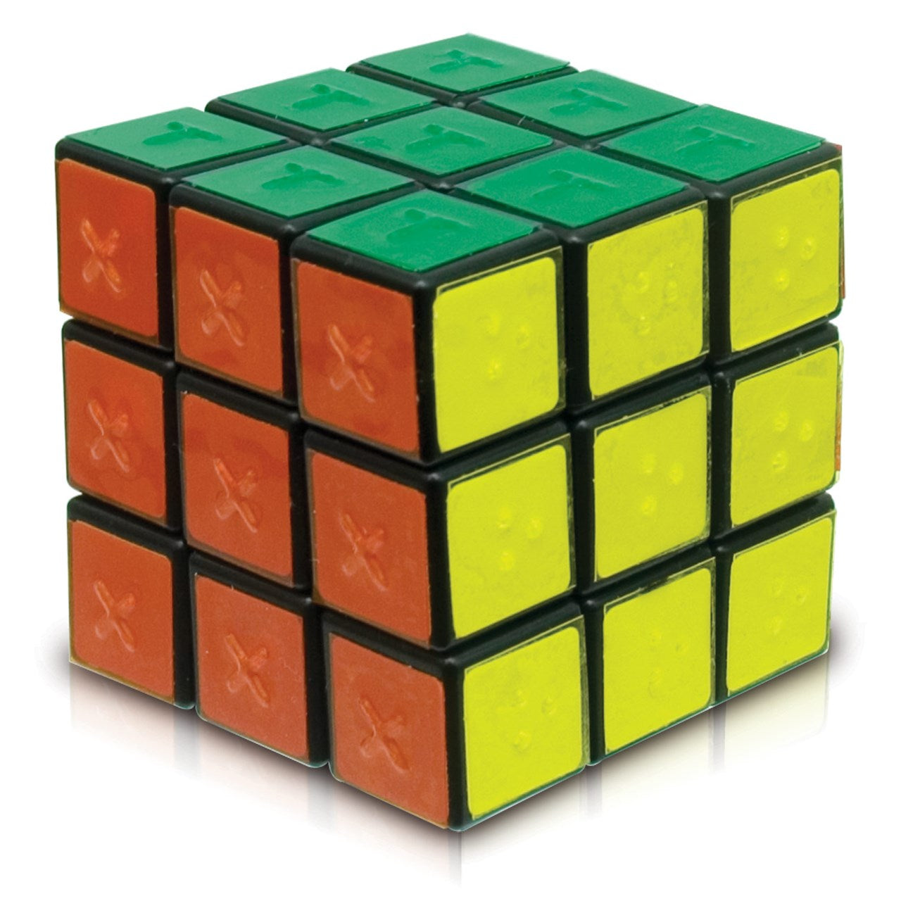 The Tactile Rubix Cube is a classic puzzle with a tactile twist! This blind-accessible version of the best-selling ultimate brain-teasing puzzle has been enhanced with tactile markings on all sides. In traditional play, the Tactile Rubix Cube is scrambled and then solved by twisting and turning it to realign the six matching colors. Challenge yourself and your friends to solve the puzzle just by touch. 