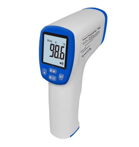 Talking Infrared Personal Thermometer In white with blue outlines with 98.6 degrees displaying on the LCD display screen