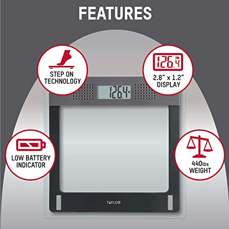 Features image for Talking scale shows the devices has a low battery indicator, Steph on technology, a 2.8"x1.2 inch display, and a weight capacity of 440 pounds.