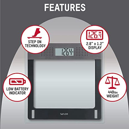 Features image for Talking scale shows the devices has a low battery indicator, Steph on technology, a 2.8"x1.2 inch display, and a weight capacity of 440 pounds.