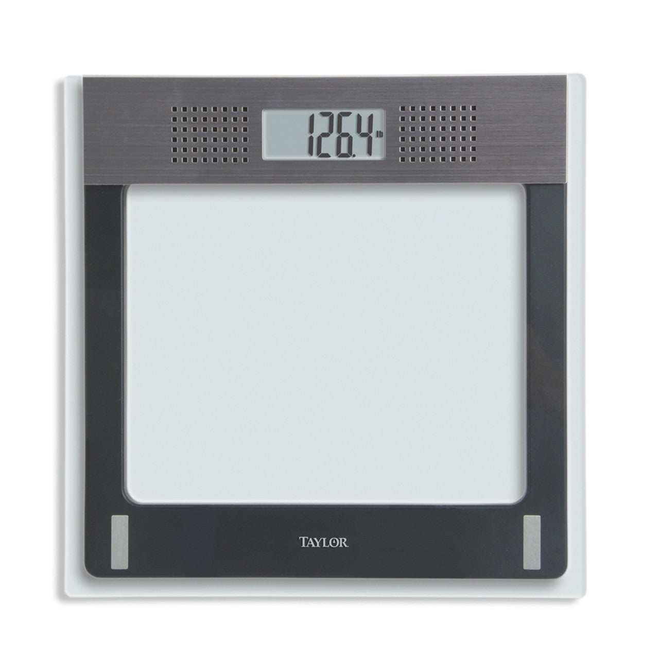 Talking body scale by taylor has Sleek Glass design, outtlind in black and gray giveing high contrast. The display at the to has a read out of 126.4 lbs 