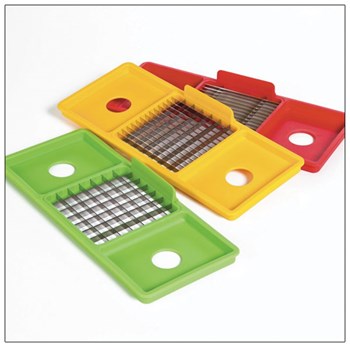 Three Blade Slicer and Dicer shown with three different blade options in orange, green, and red.