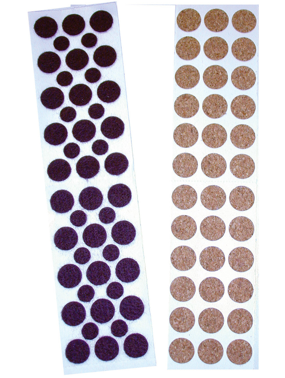 This diverse Variety Texture Stickers-Felt package includes 46 brown felt and 36 cork round flat stick-on. The considerable stick-on measure .50 inches; the small ones are .25 inches in diameter.