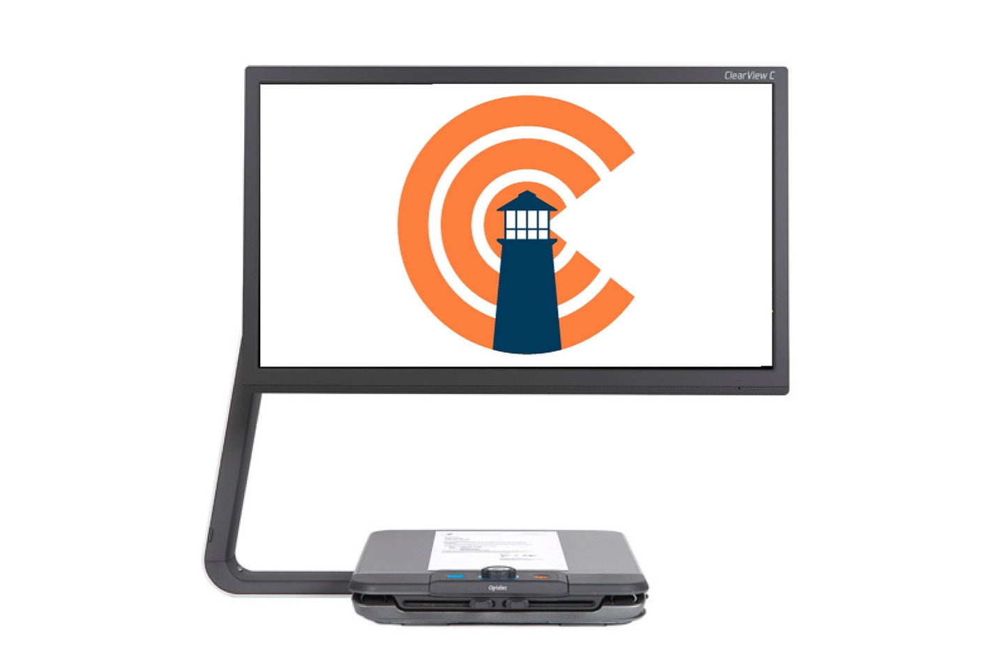 A front facing view of the ClearView C Speech HD Color CCTV  with the Chicago Lighthouse logo in blue and orange in the center of it's screen.