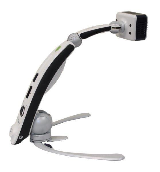 Transformer HD Digital Electronic Magnifier stands up with a curves arm in white and blue coloring. Buttons are visible on the back side of the device.